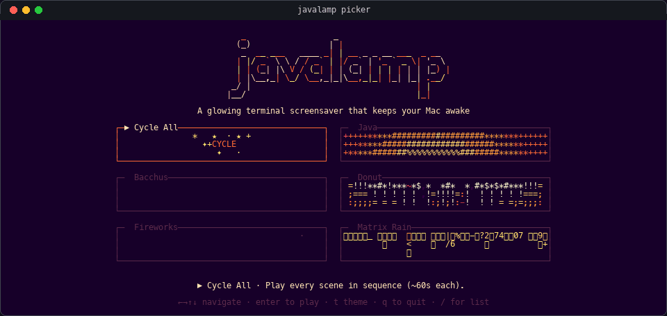 Javalamp animated preview showing glowing ASCII scenes in the terminal
